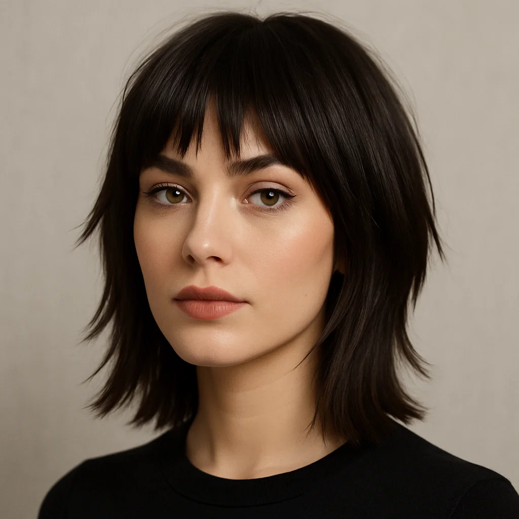 A blunt shag haircut with curtain bangs for women,
