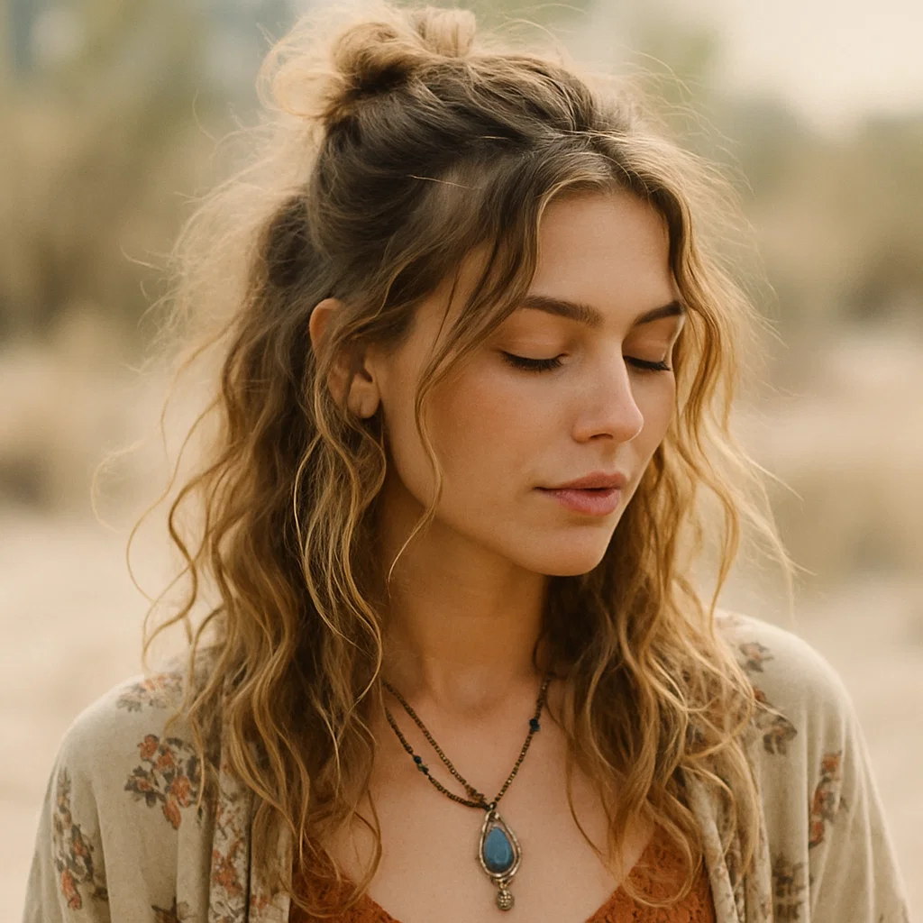 A carefree, bohemian-inspired woman with messy