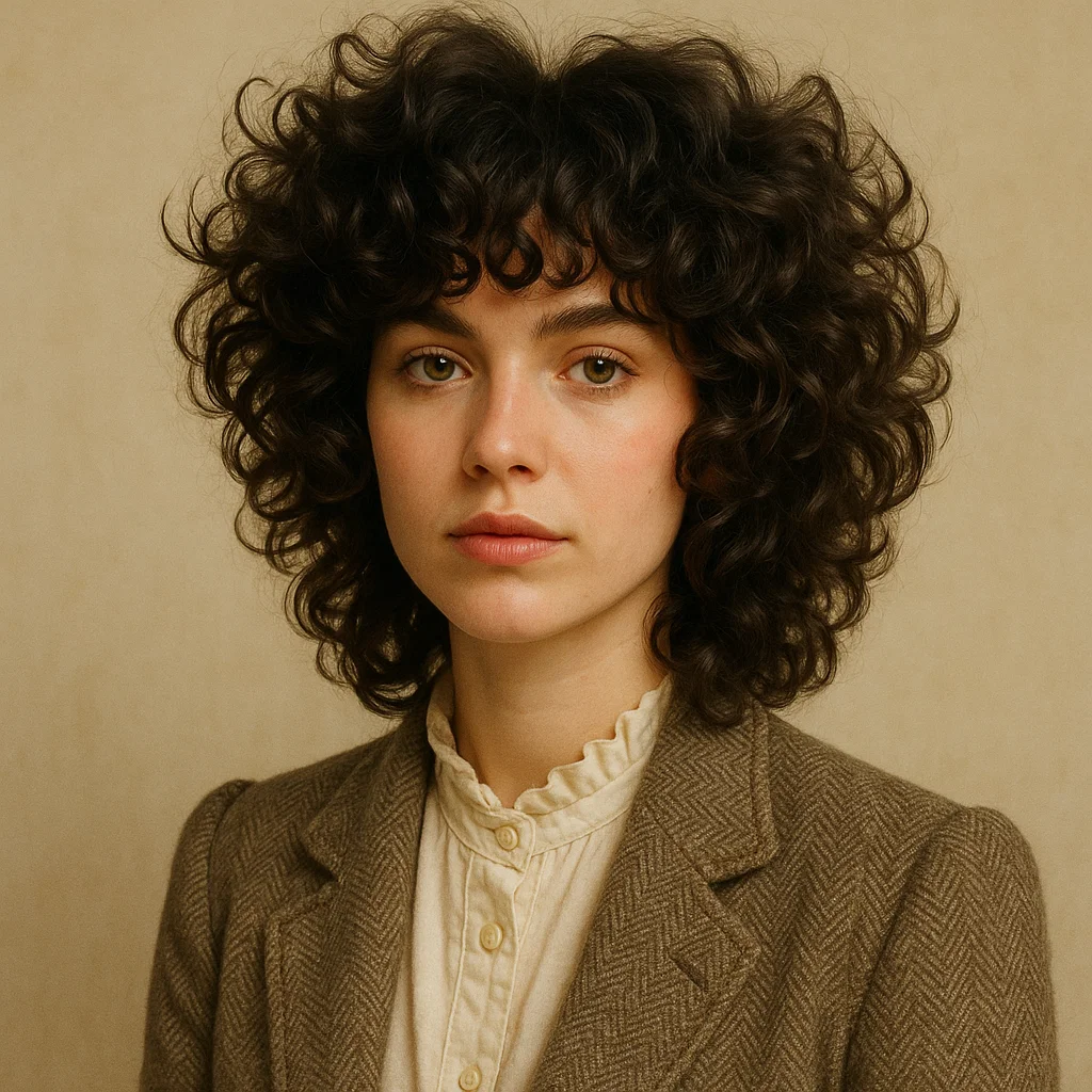 A curly shag haircut for women, featuring voluminous and bouncy curls