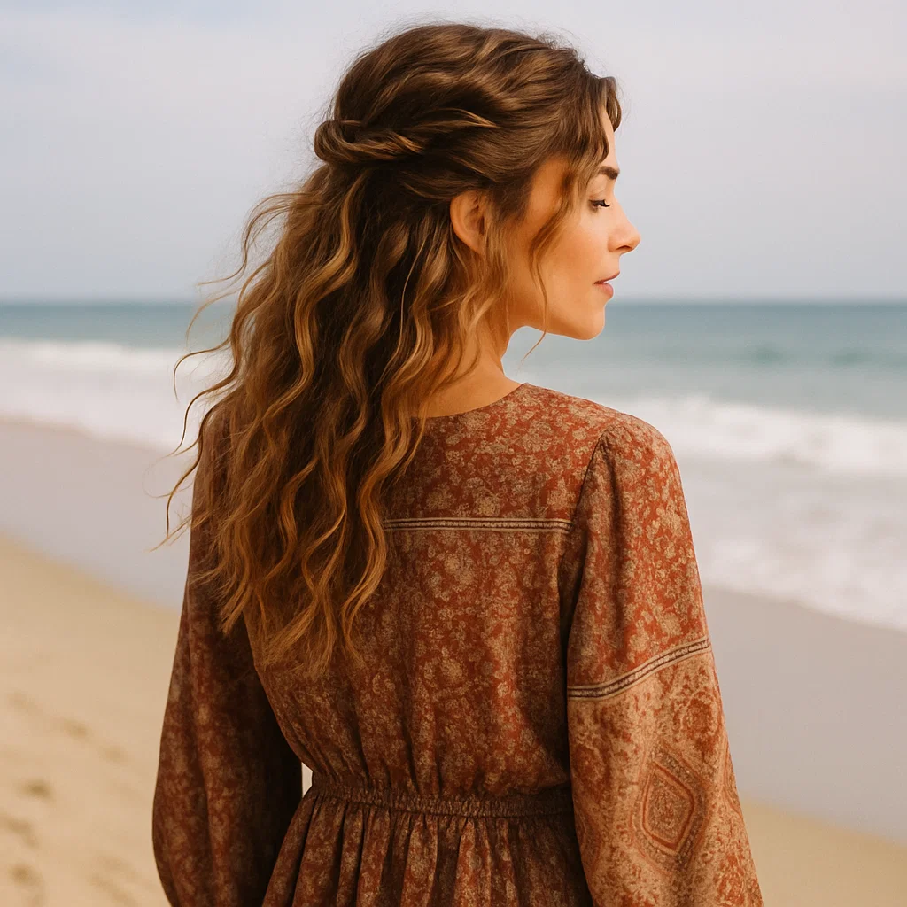 A free-spirited woman with loose beach waves, wearing a bohemian-inspired half-up