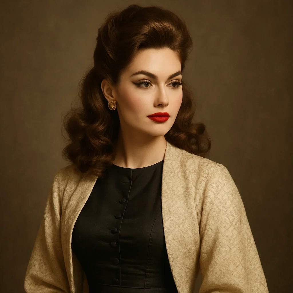 A glamorous woman with voluminous, curly hair styled in a half-up, half-down look.