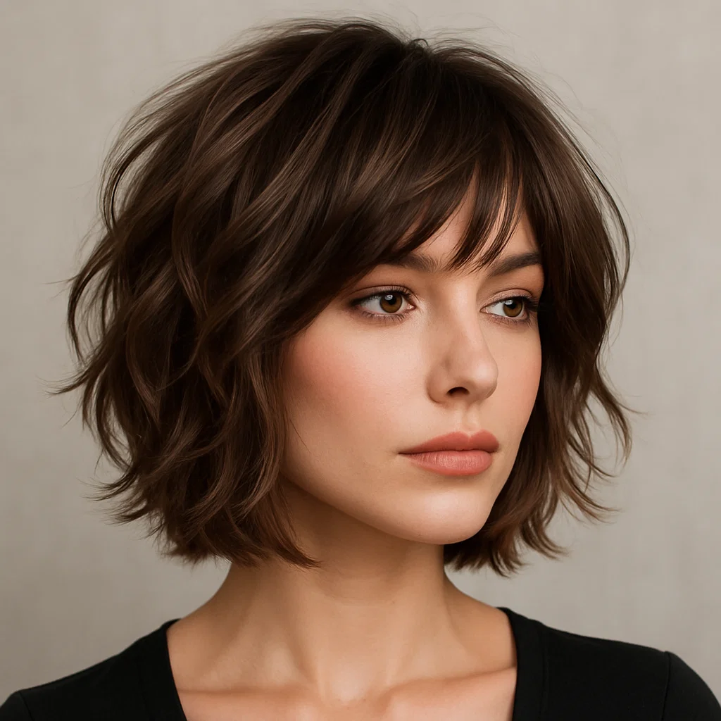 A modern layered shag bob haircut for women,
