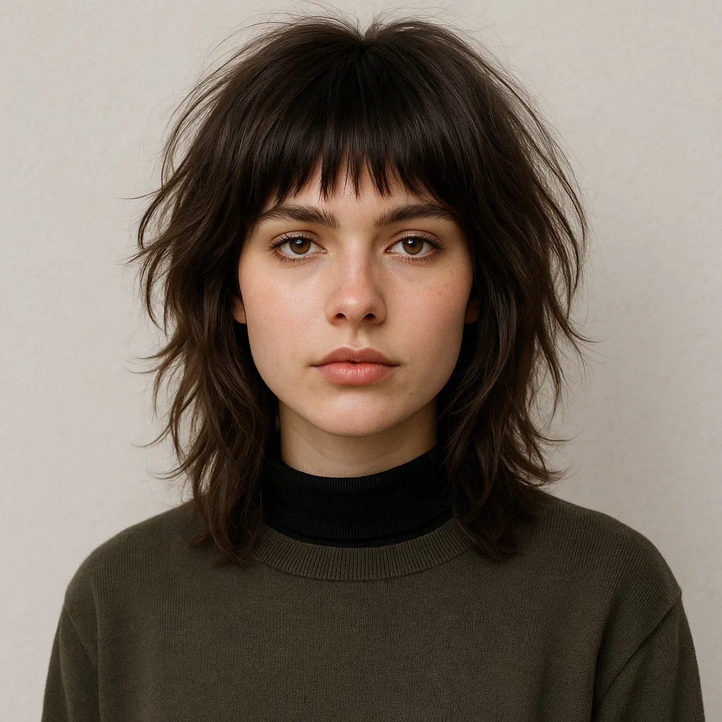 A modern shag haircut with full bangs for women