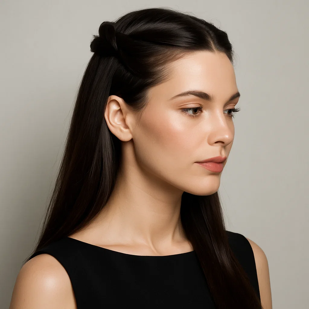 A modern, sleek woman with two twisted sections of hair secured at the crown