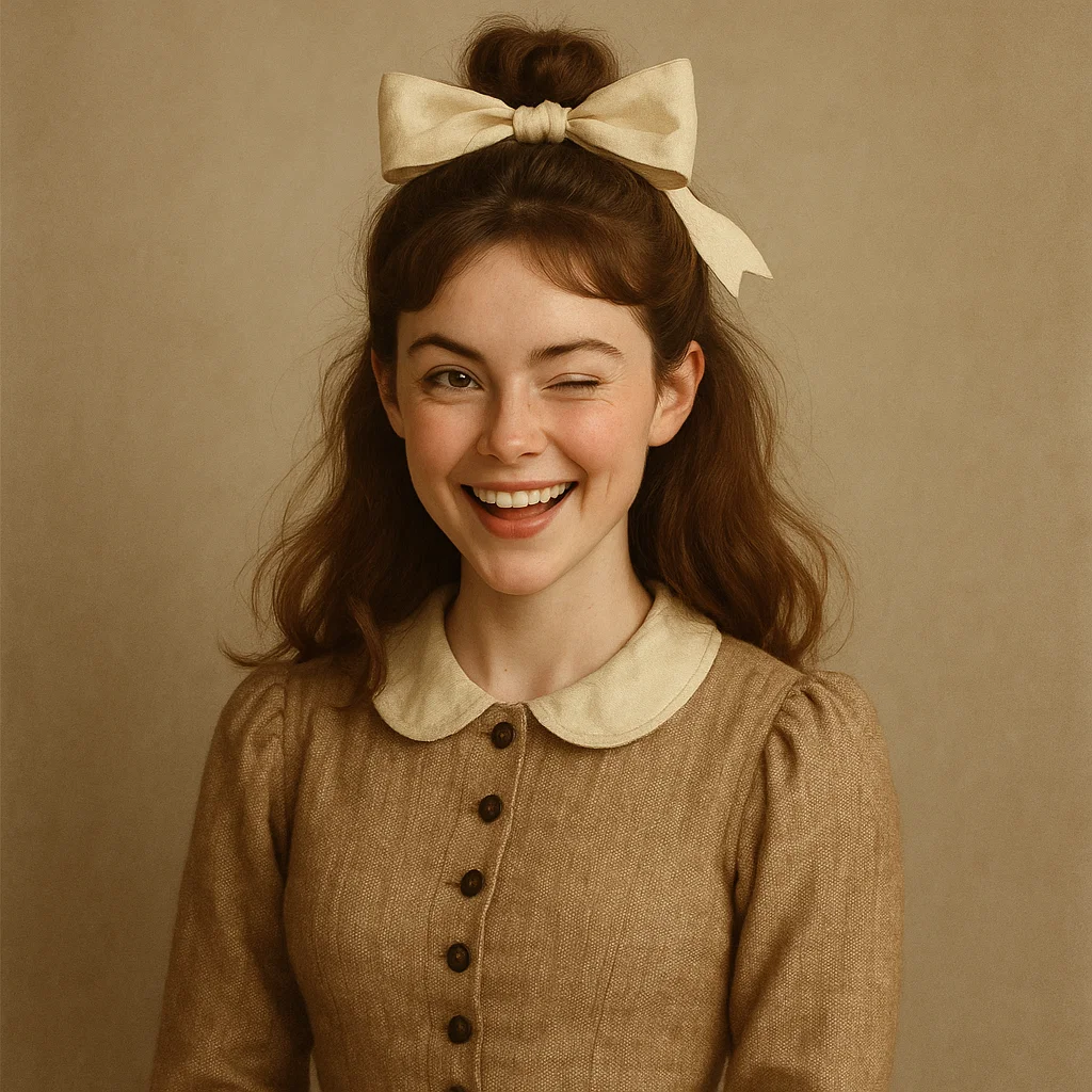 A playful woman with a cute bow added to her half-up, half-down hairstyle