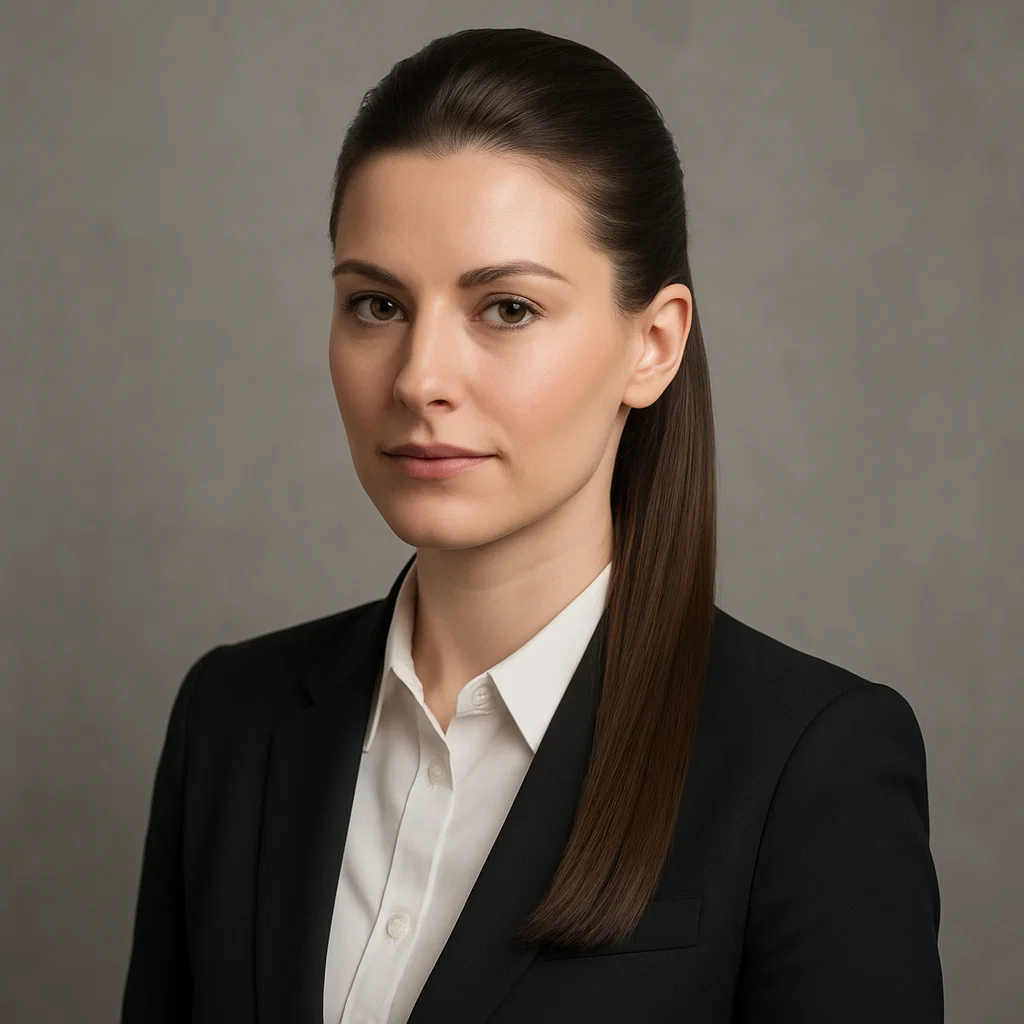 A professional woman with straight hair styled in a sleek half-up ponytail.