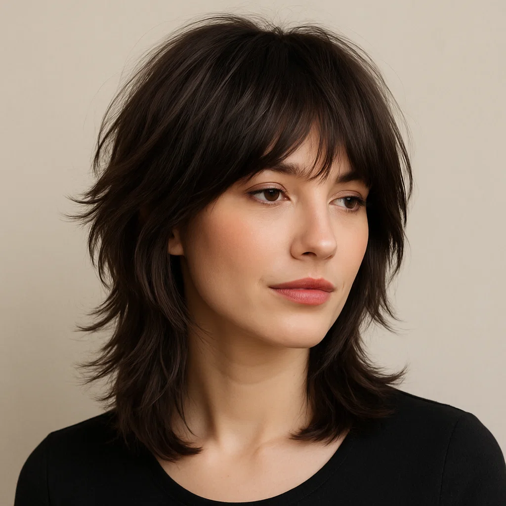 A stylish shag haircut with soft side-swept bangs for women