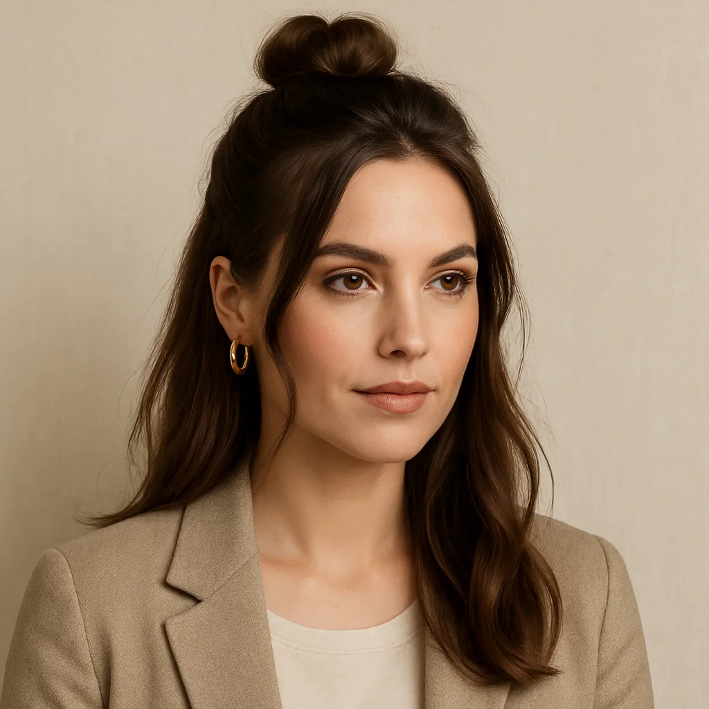 A stylish woman with medium to long hair wearing a classic half-up bun hairstyle