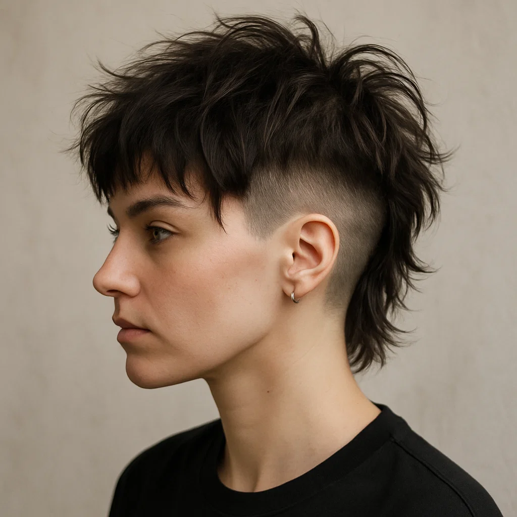 A tousled shag haircut with a fade for women