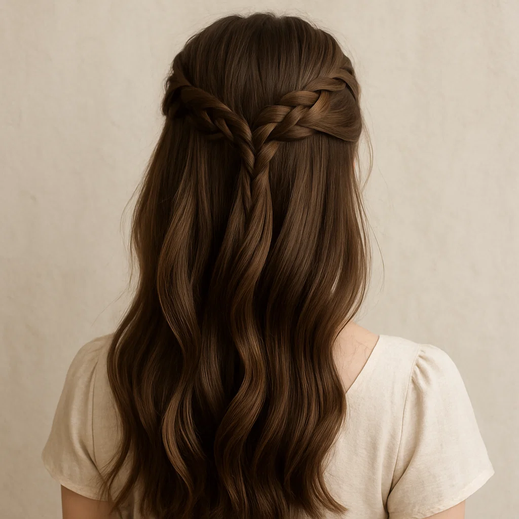 A woman with long hair wearing a braided half-up, half-down hairstyle