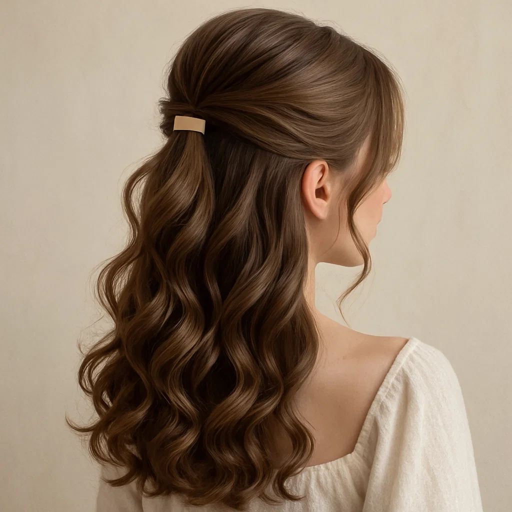 A woman with soft, romantic waves in her hair styled in a half-up look