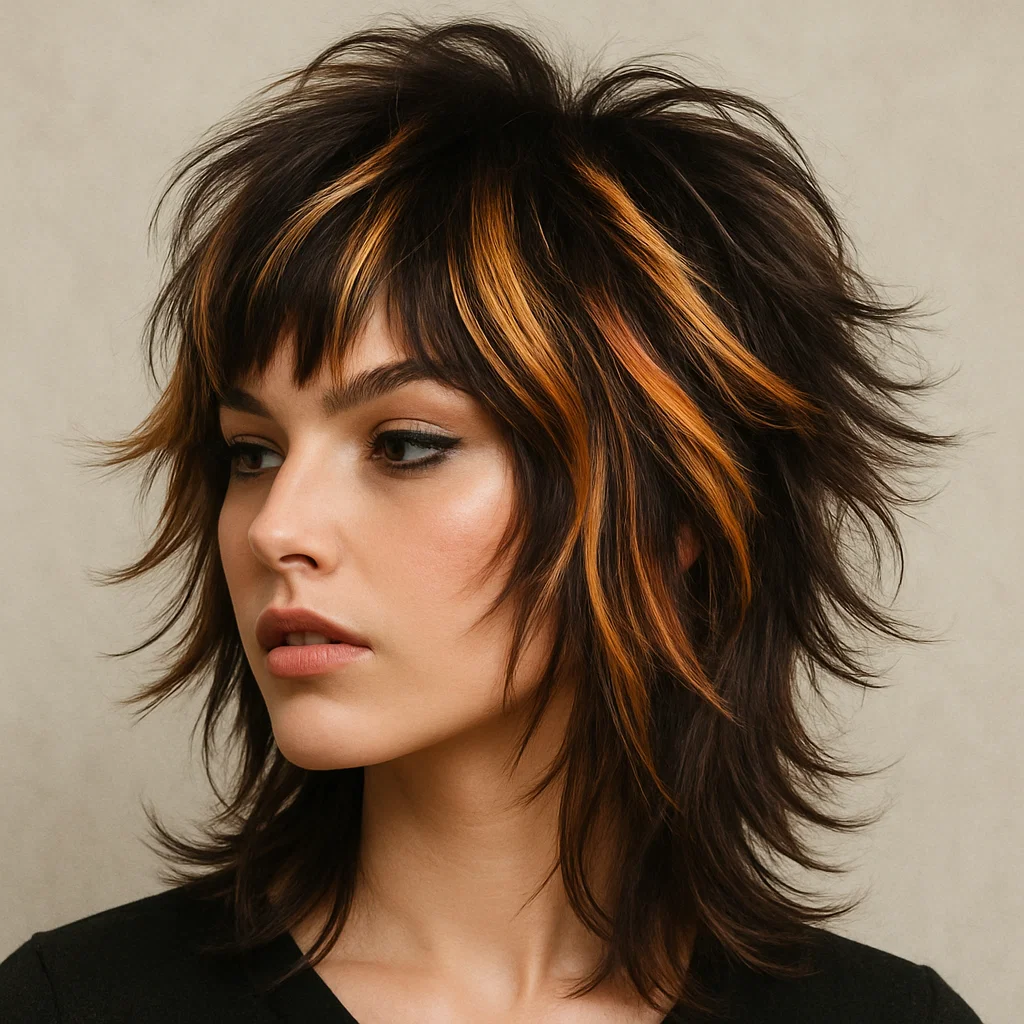An edgy shag haircut for women, featuring bold highlights