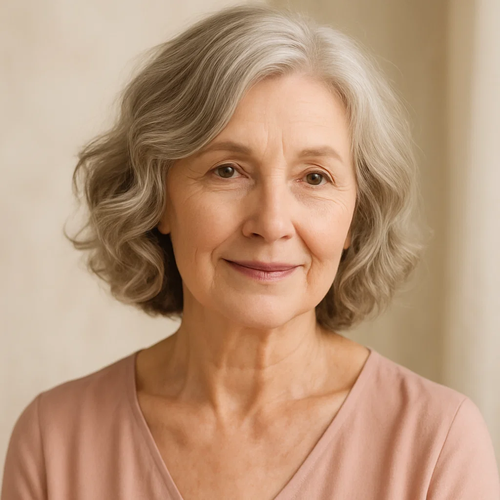 Create a soft, feminine image of a mature woman over 60 with a wavy bob hairstyle.