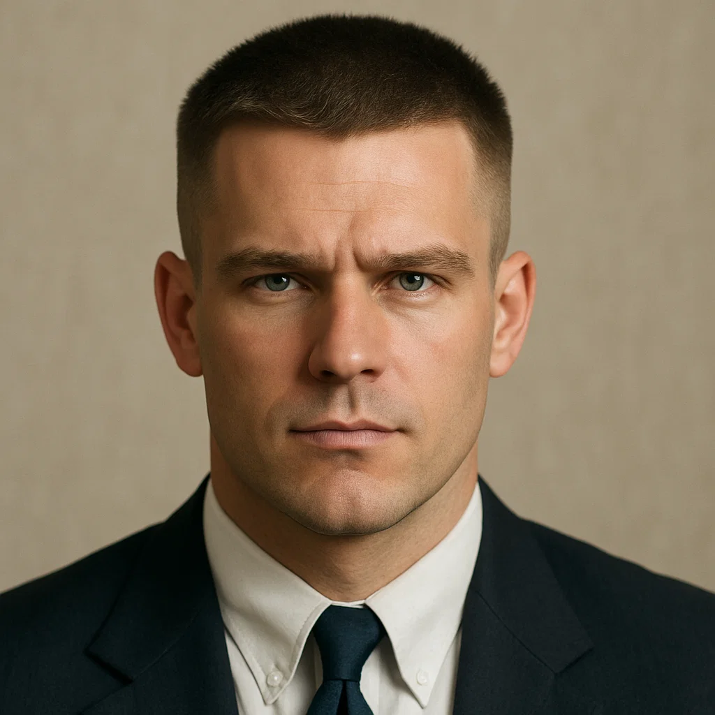 an image of a man with a crew cut, featuring short