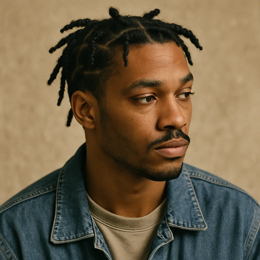 an image of a man with twists in his hair, with sections of hair twisted tightly to the scalp