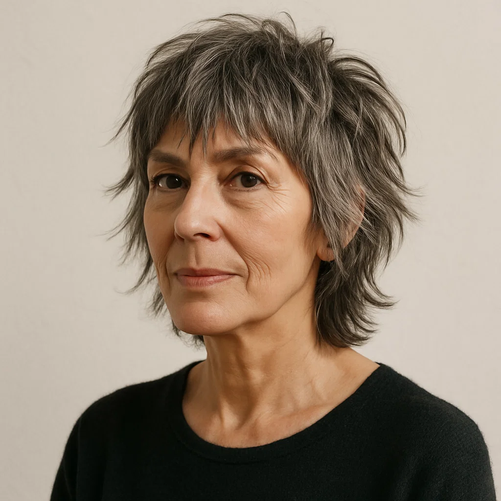 an image of a mature woman over 60 with a choppy shag haircut