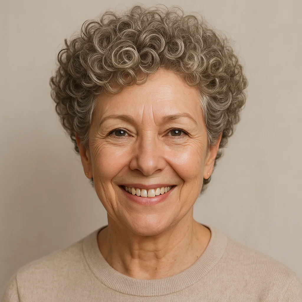 an image of a mature woman over 60 with a curly short haircut