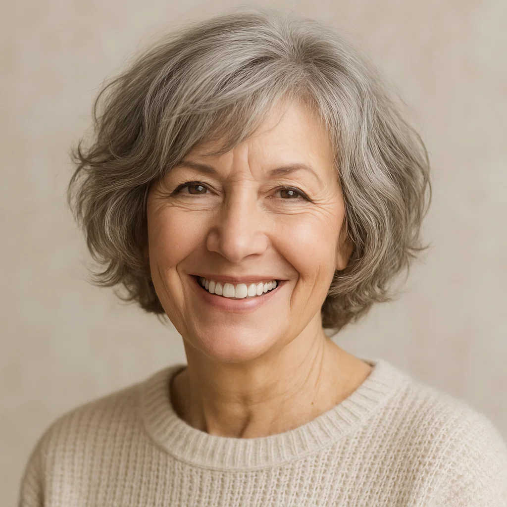 an image of a mature woman over 60 with a textured bob hairstyle