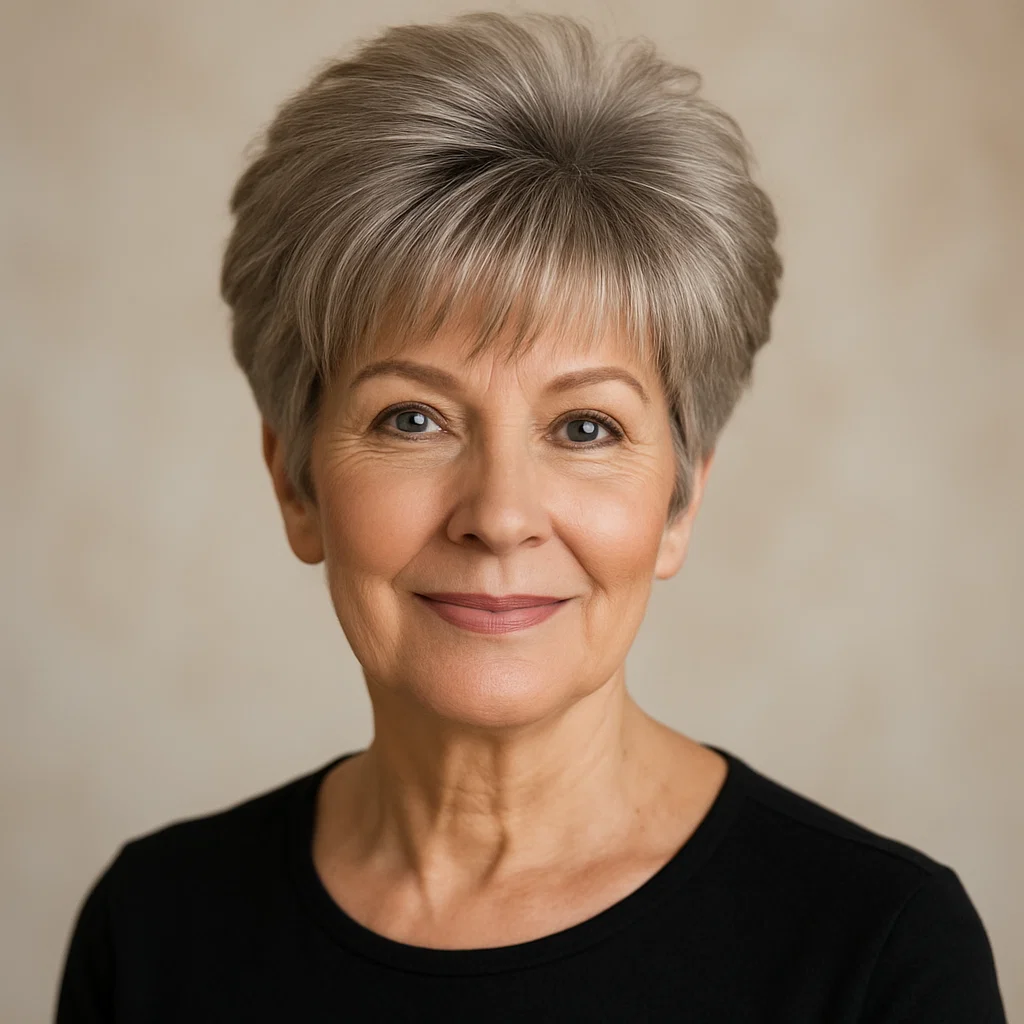 an image of a mature woman over 60 with a voluminous short haircut featuring bangs.