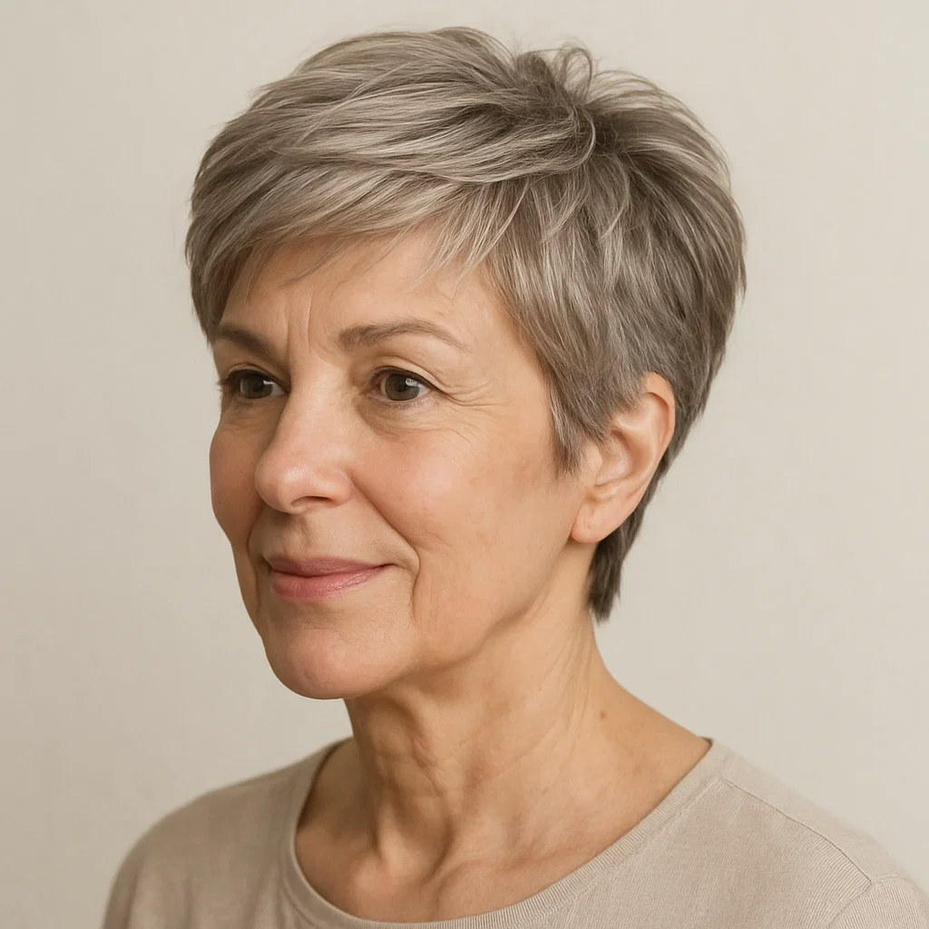 an image of a woman over 60 with a layered pixie cut.