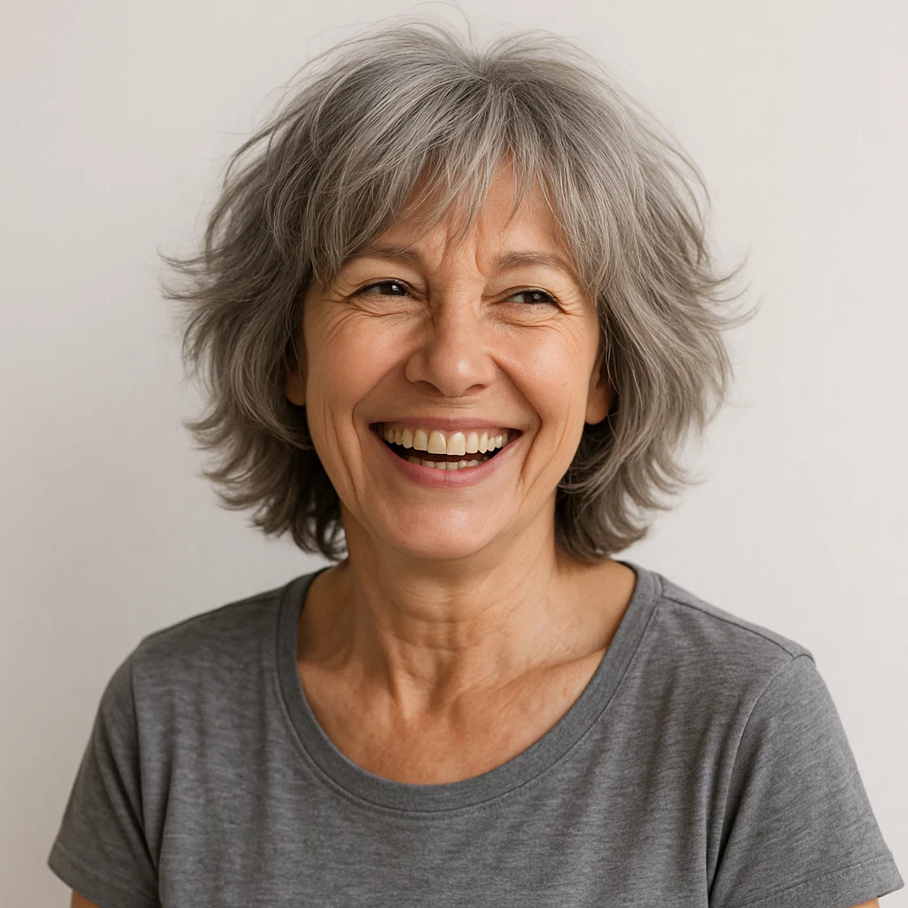 an image of a woman over 60 with a shaggy bob cut,