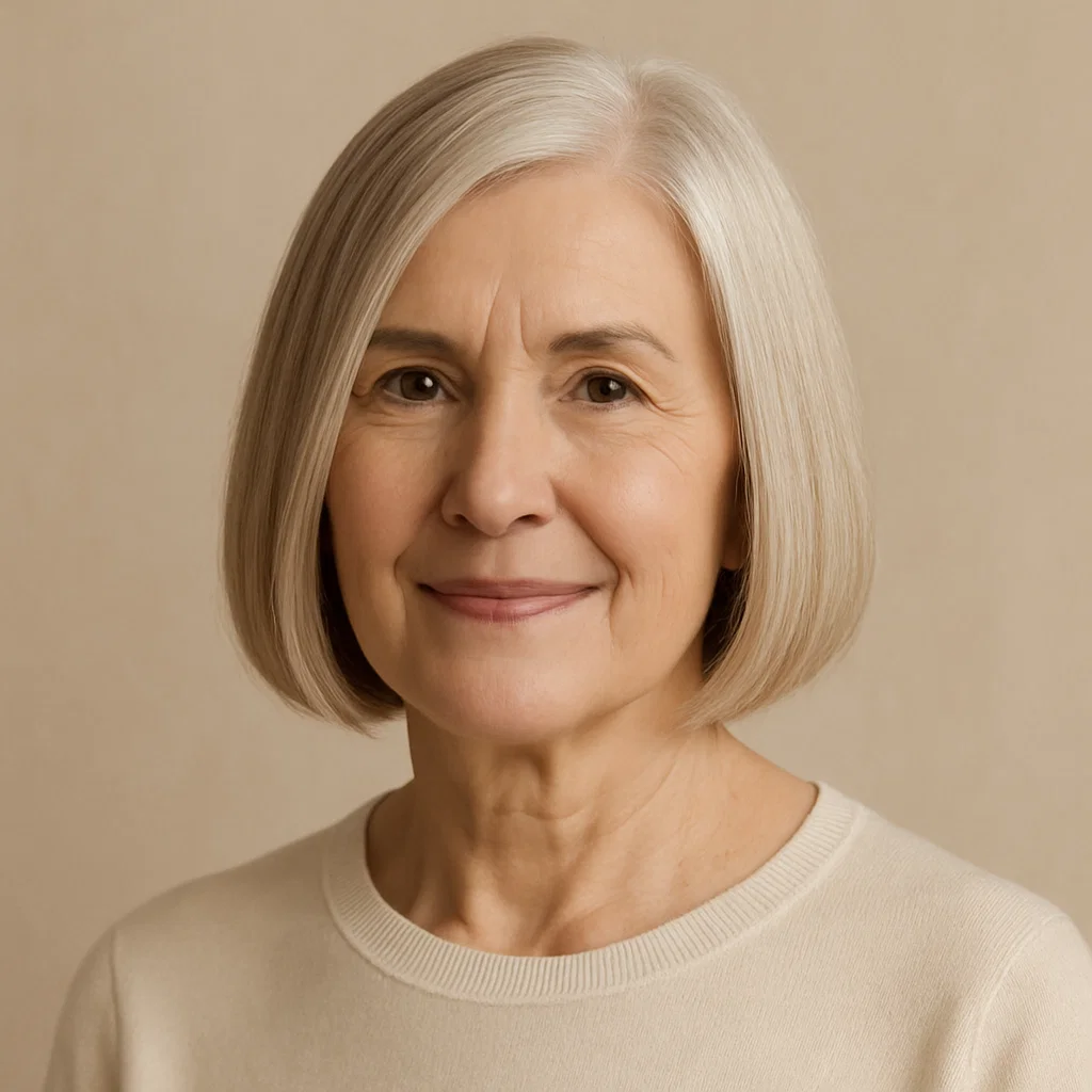 an image of an elegant woman over 60 with a smooth chin-length bob.