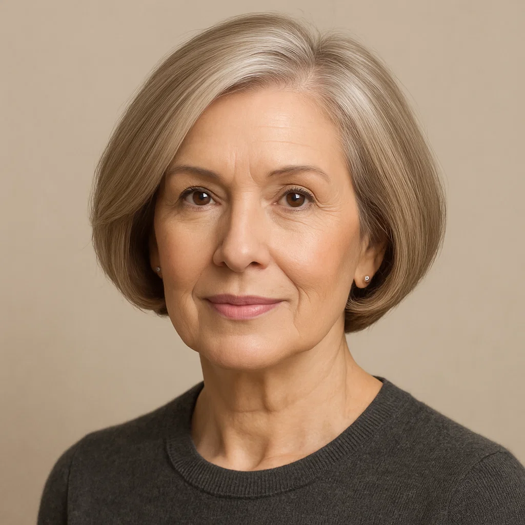 an image of an older woman over 60 with a side-parted short bob.