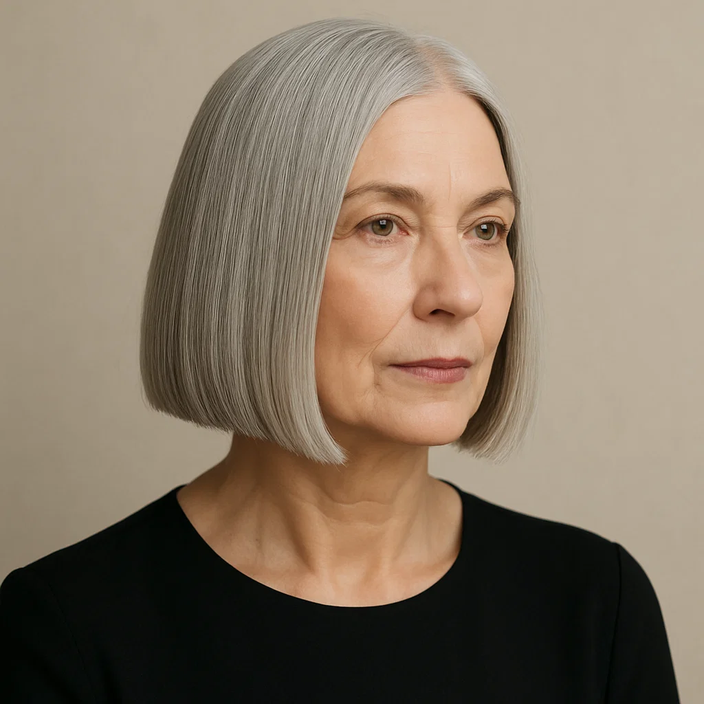 an image of an older woman with a sleek blunt bob haircut