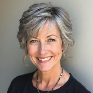 Choppy layered short cut with textured styling for mature women
