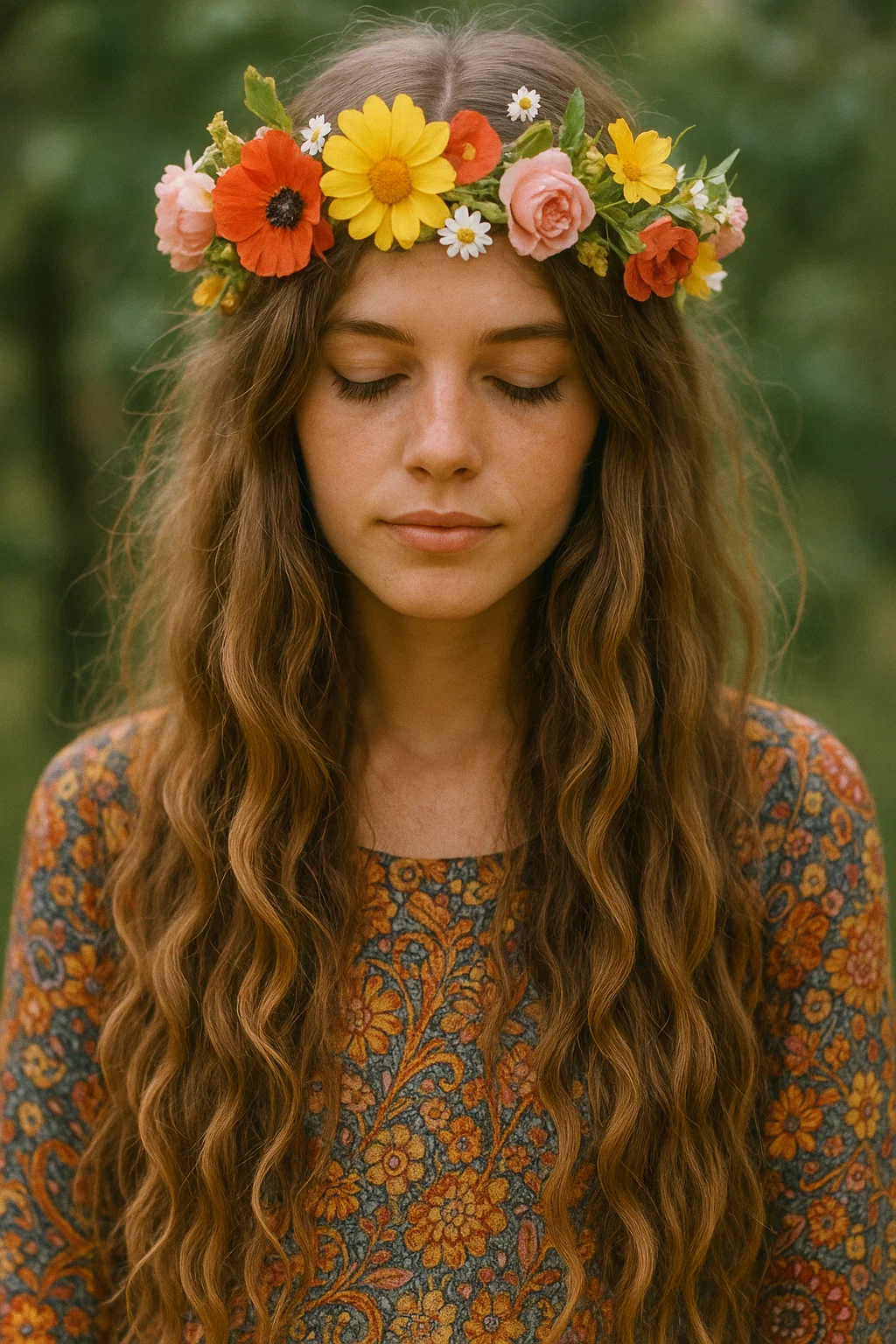 A bohemian 1960s flower child crown hairstyle with long, wavy hair adorned with a floral crown, channeling the hippie movement.1