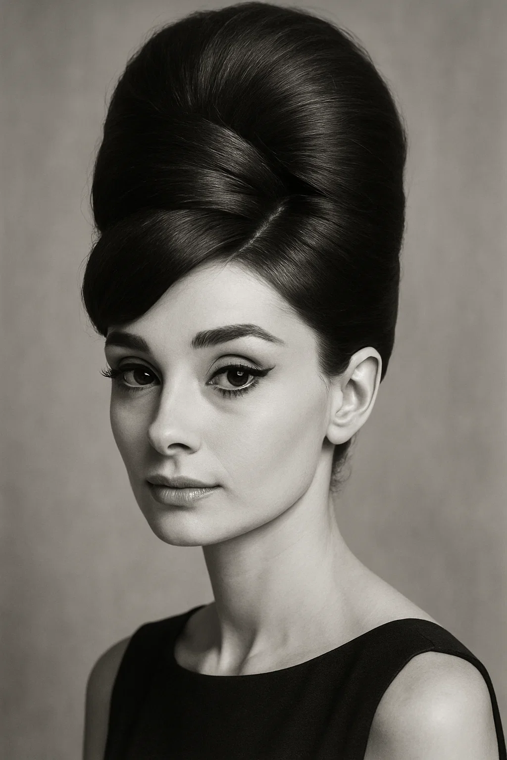 A classic 1960s beehive hairstyle featuring a towering updo with rolled sections and a sleek finish