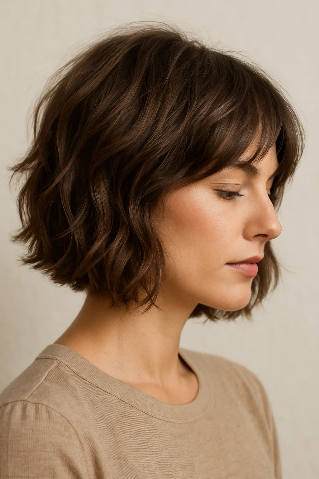 A close-up of a woman with a cowgirl bob hairstyle
