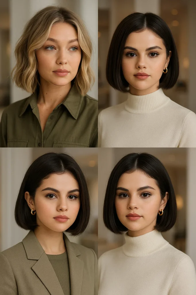 A collage of two women with cowgirl bobs inspired by celebrities like Gigi Hadid and Selena Gomez.