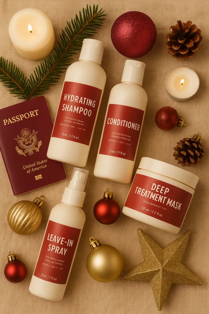 Flat lay of travel-sized hair care products including hydrating shampoo and conditioner
