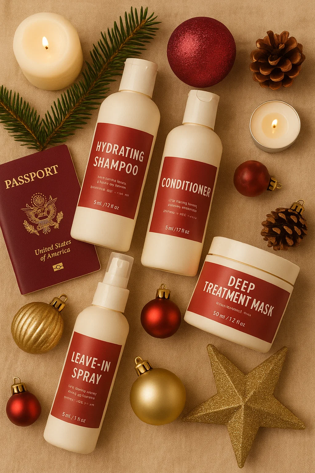 A flat lay of holiday-themed hair care products including hydrating shampoo