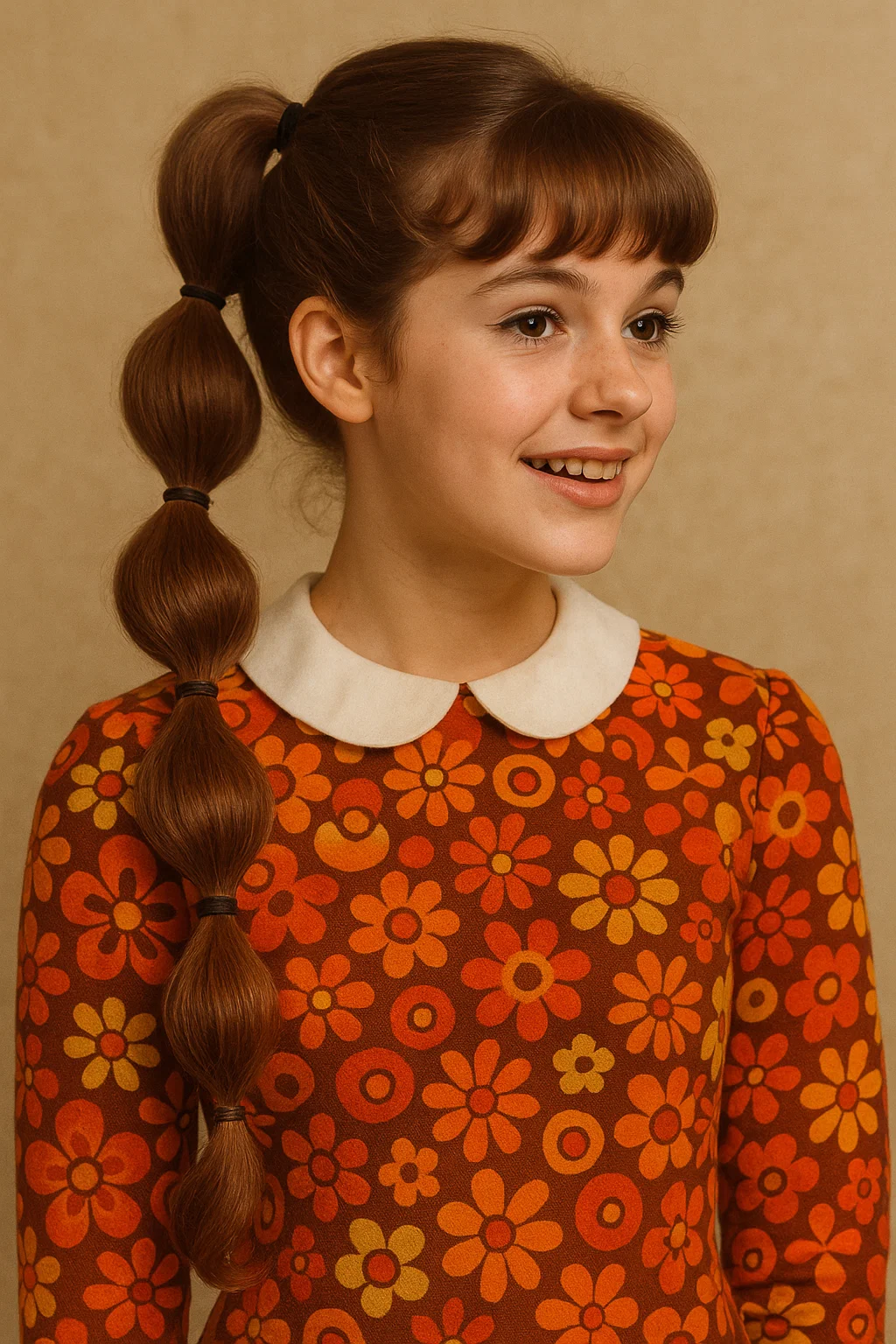 A fun 1960s bubble ponytail hairstyle with multiple sections tied with elastics, creating a bouncy and playful look.