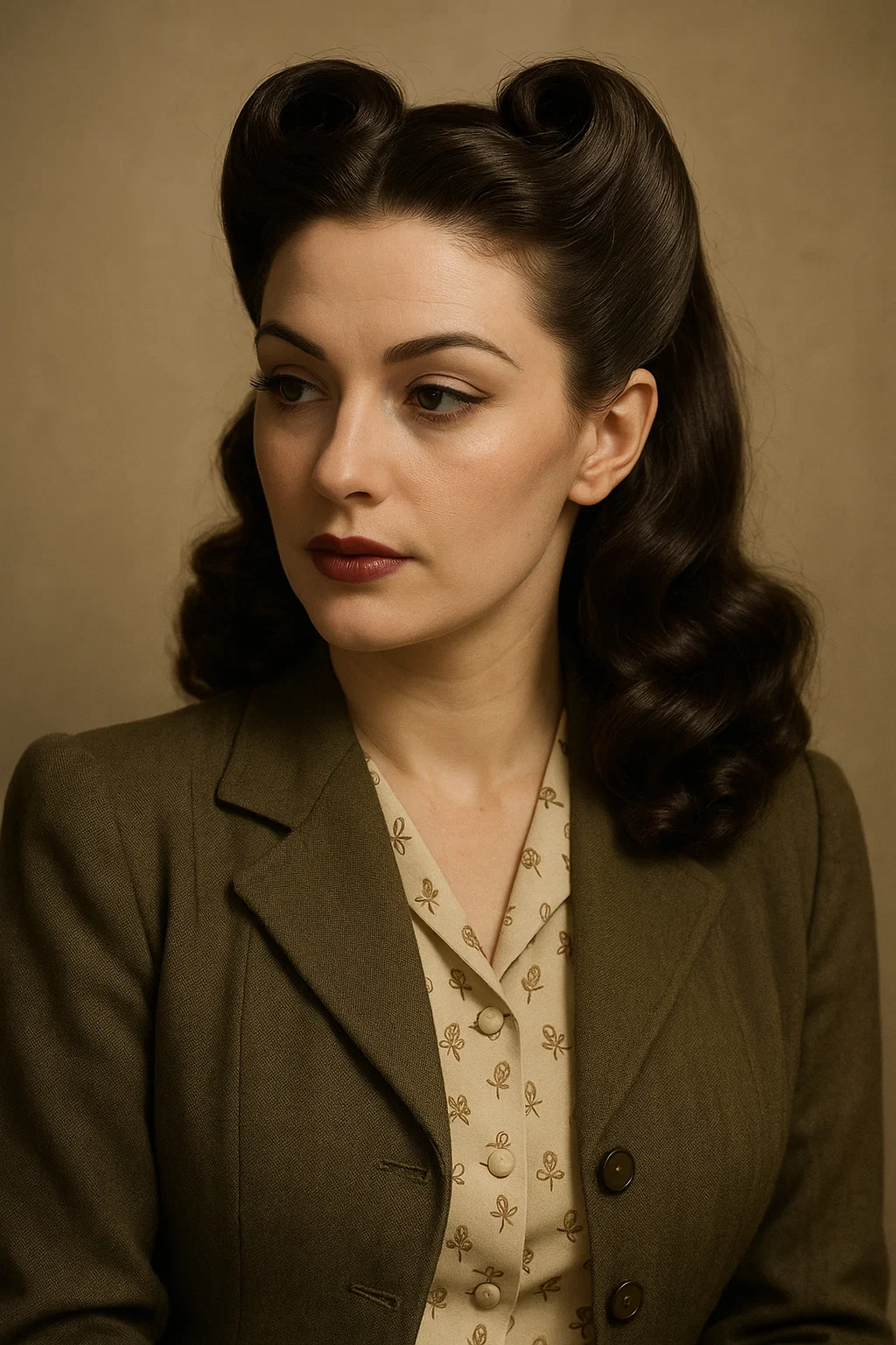 A glamorous 1940s-inspired victory rolls hairstyle with rolled sections on the sides and soft curls at the back. ad vintage clothes for women