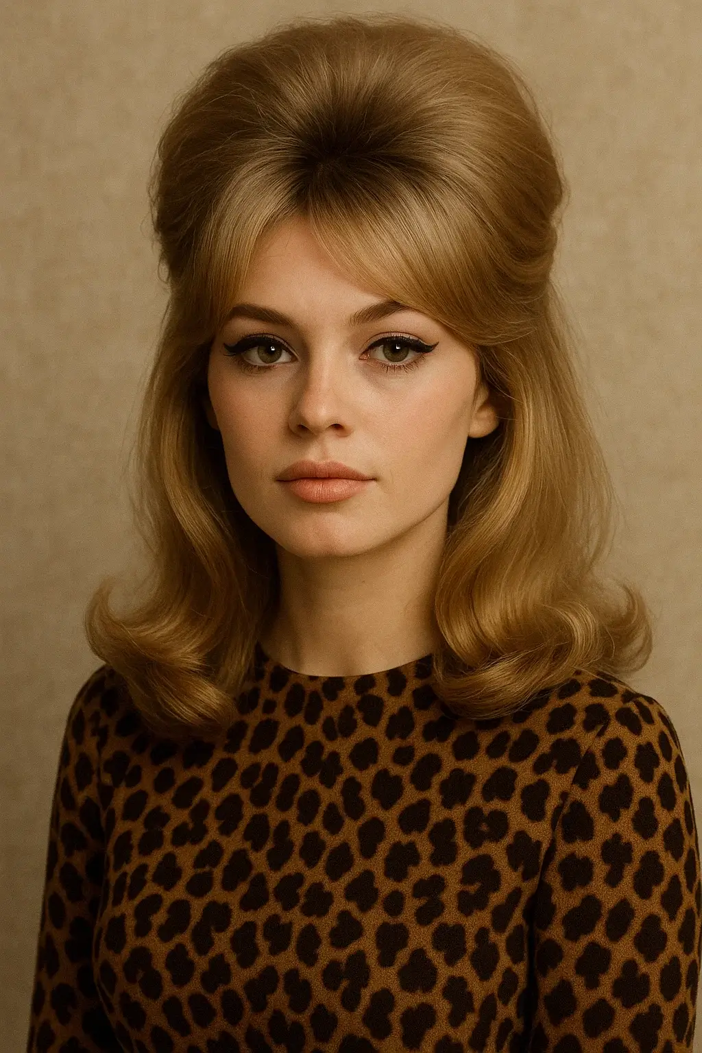 A glamorous 1960s bouffant hairstyle with voluminous hair at the crown, smooth sides, and soft curls at the ends, reminiscent of Brigitte Bardot (1)