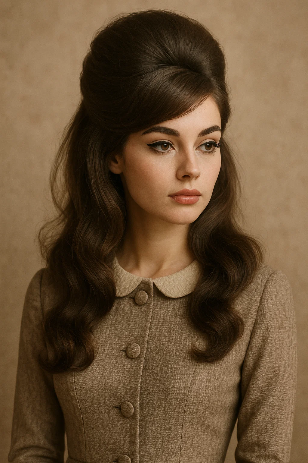 A glamorous 1960s half-up, half-down bouffant hairstyle with voluminous crown and flowing waves, inspired by vintage fashion