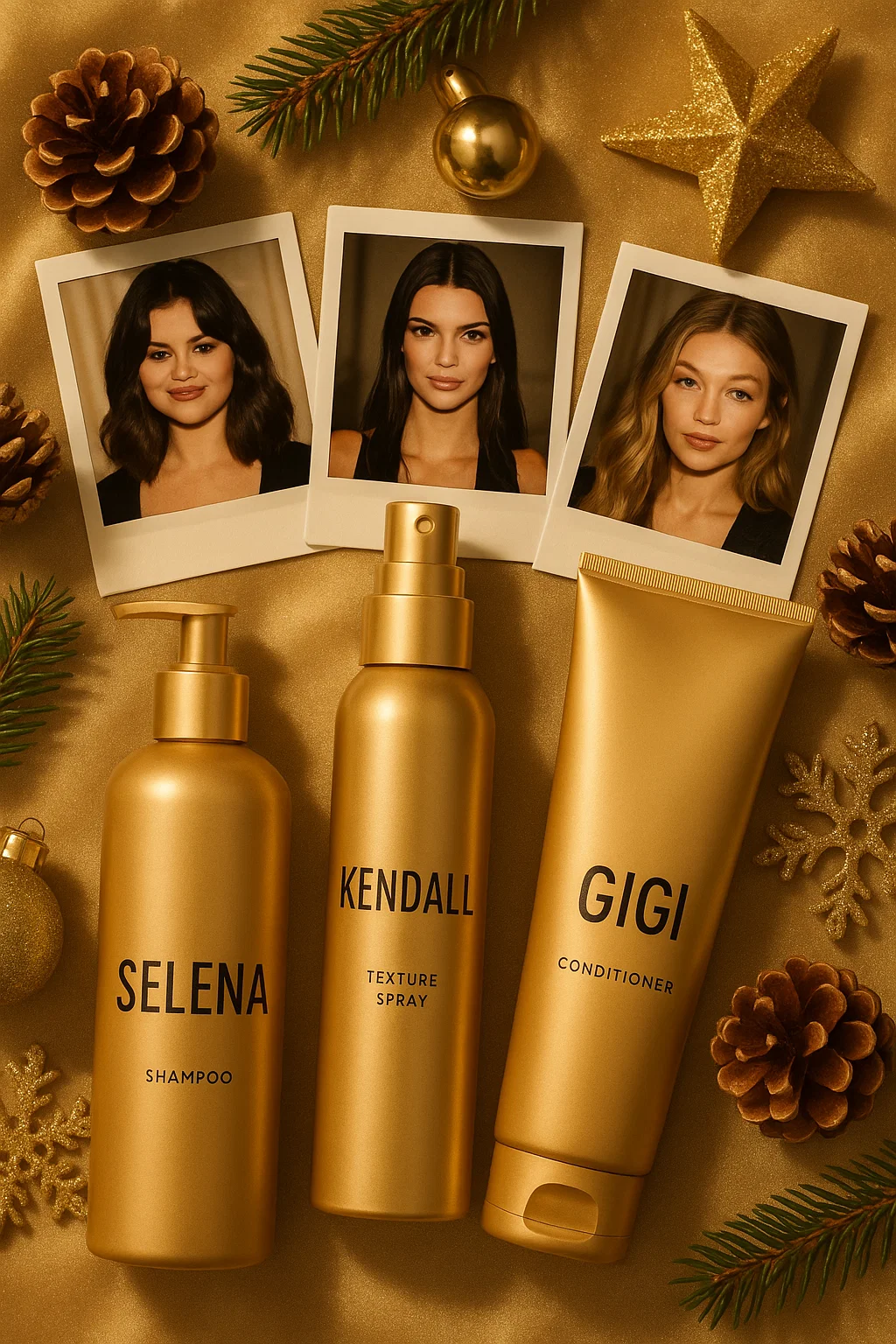 A glamorous flat lay of luxury hair products labeled with celebrity names