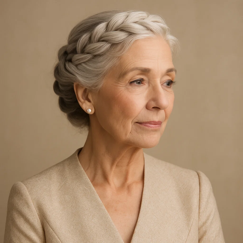 A graceful older woman with a braided crown hairstyle.