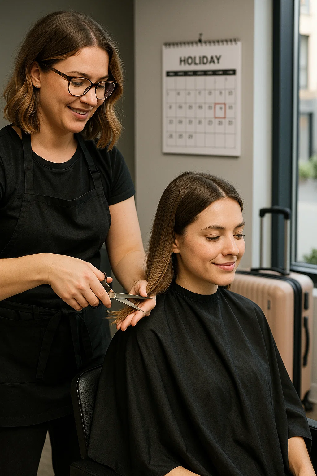 A hairstylist trimming a woman’s split ends in a modern salon before travel