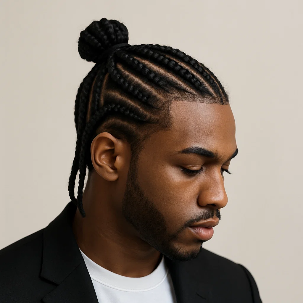 A man with Pop Smoke braids gathered into a top knot