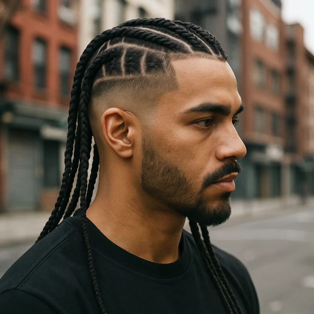 A man with a fade cut on the sides and long braided hair on top