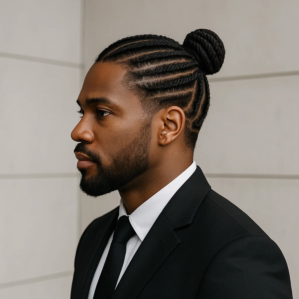 A man with neatly braided hair styled into a top knot or bun