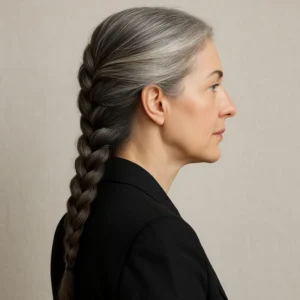 Mature woman over 40 with long hair in a classic French braid