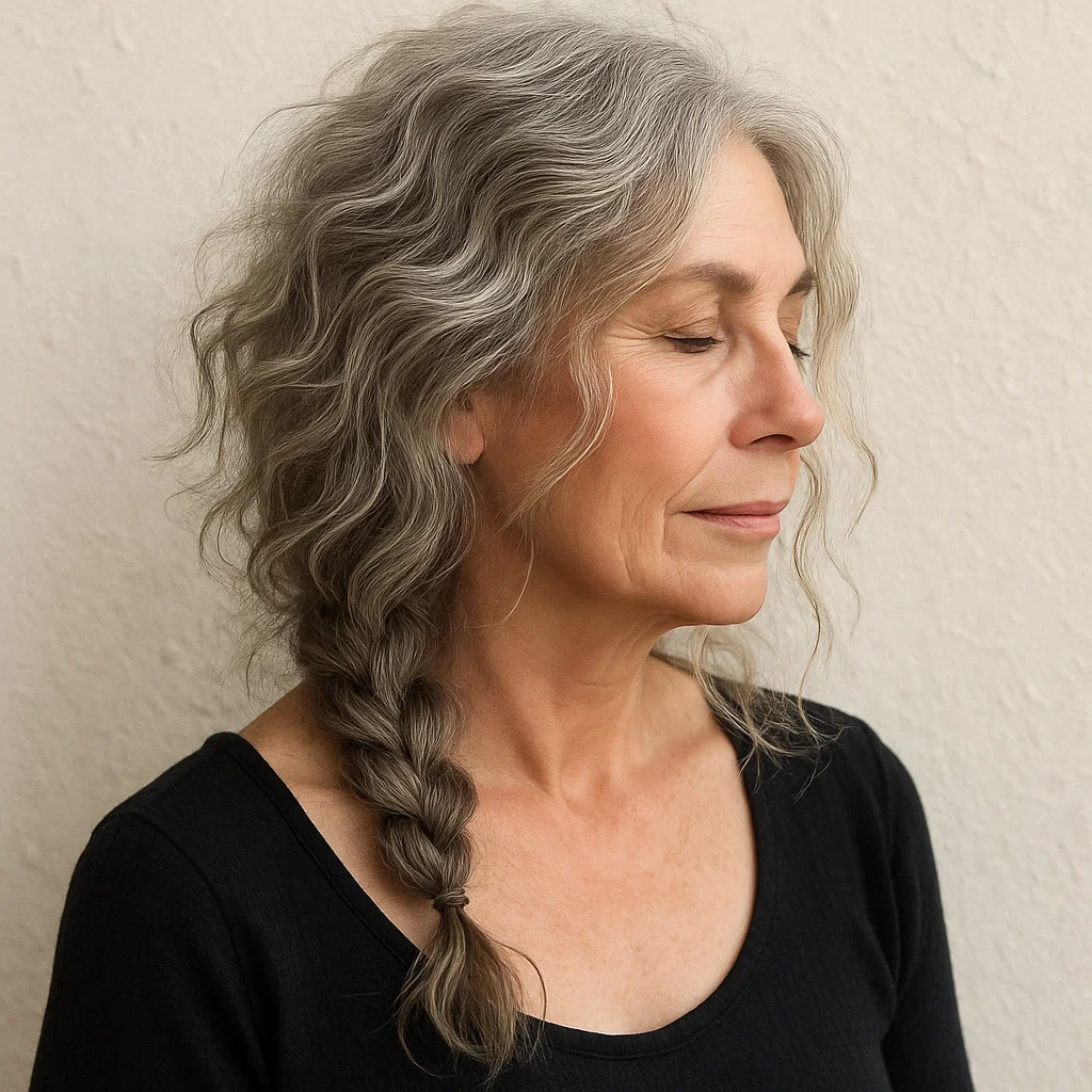 A mature woman with a boho braid, featuring loose