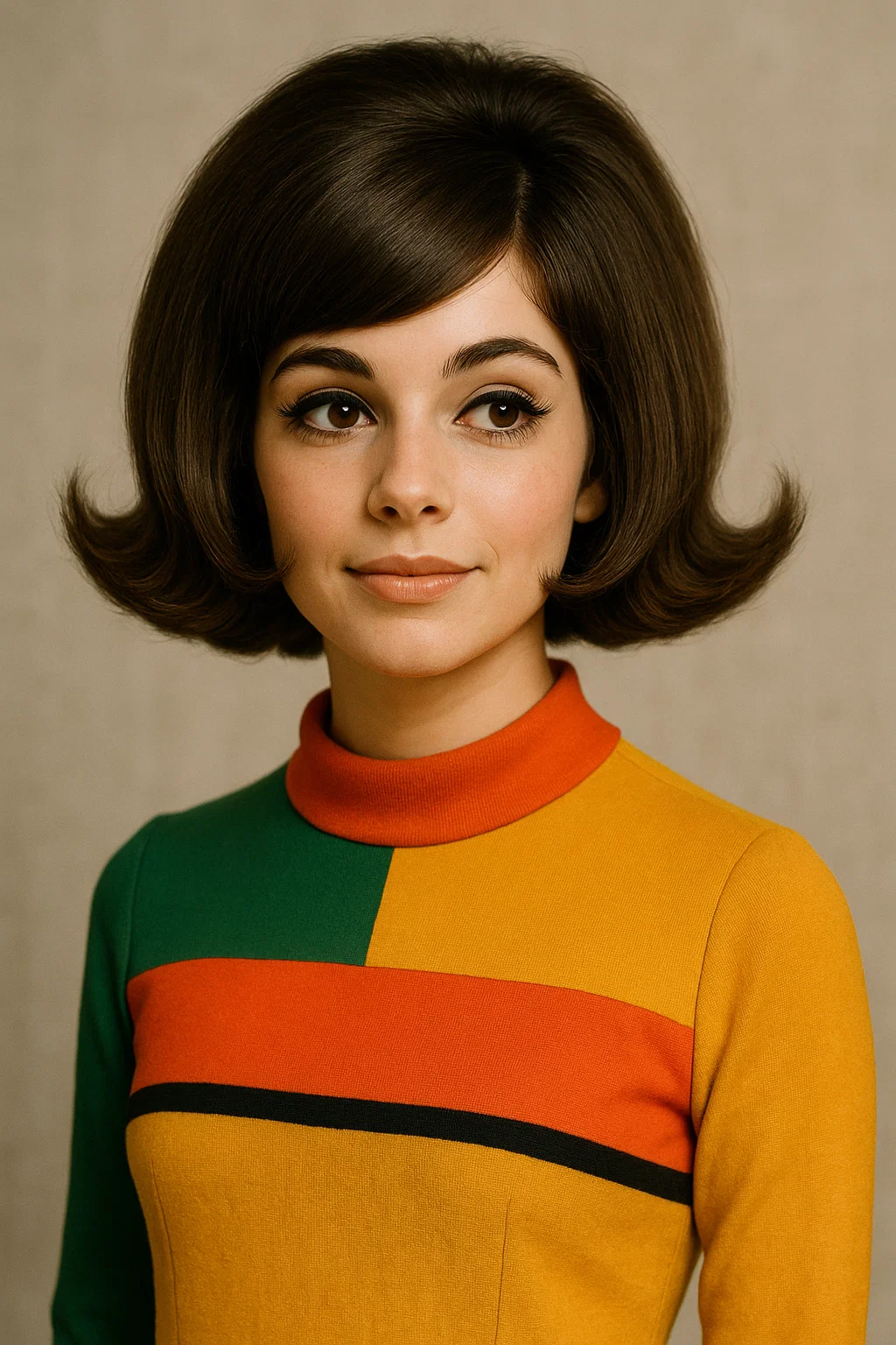 A playful 1960s flipped bob hairstyle with outward-turned ends and a voluminous silhouette, inspired by the mod fashion.
