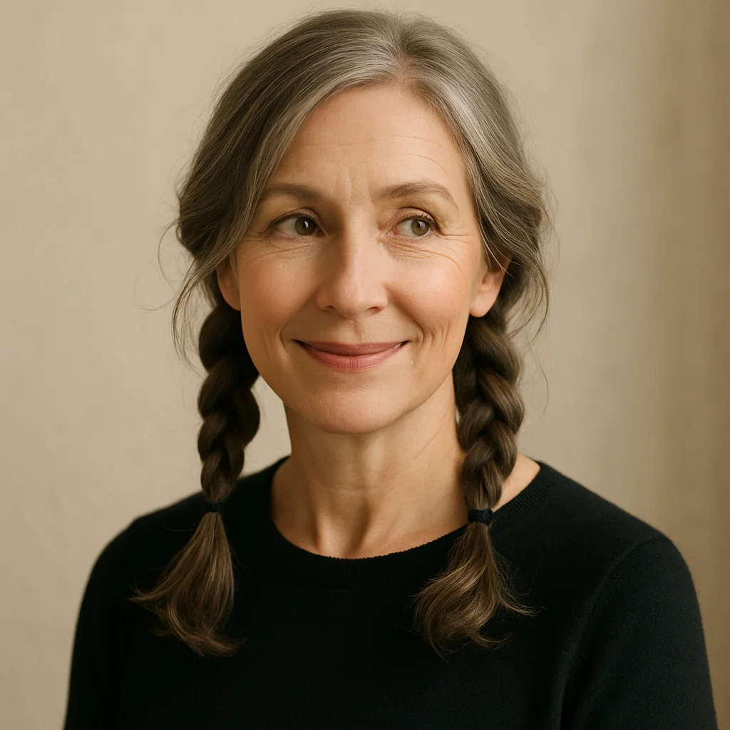 A playful yet elegant look featuring pigtail braids on a mature woman
