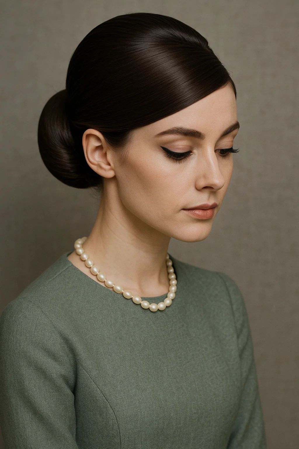 A polished 1960s sleek low bun hairstyle with a deep side part and smooth, controlled hair, exuding elegance